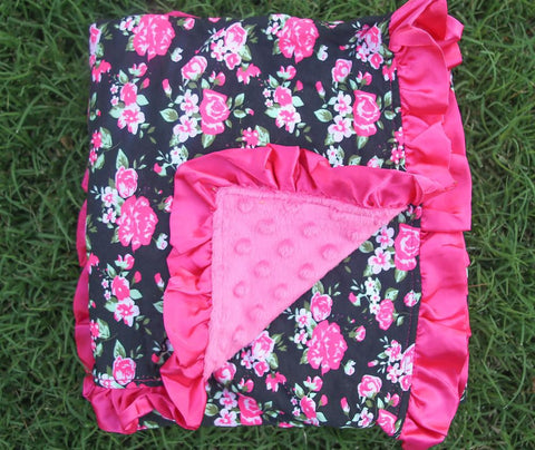 Black Vintage Flower Hot Pink Minky Blanket