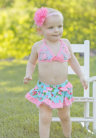 Blue Pink Vintage Rose Two Piece Swimsuit