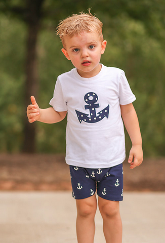 Navy Blue White Anchor Shorts Set