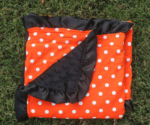 Orange Polka Black Minky Blanket