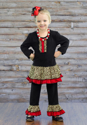 Black Cheetah Red Ruffle Pant Set