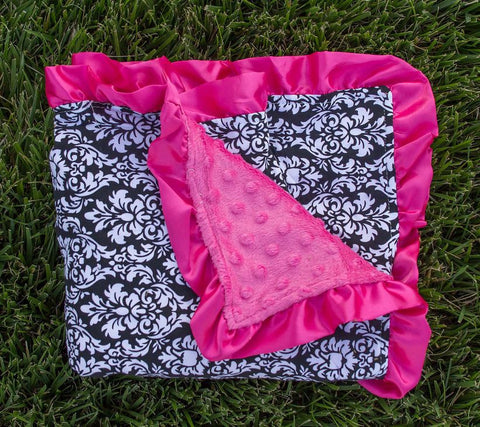 Black Damask Hot Pink Minky Blanket