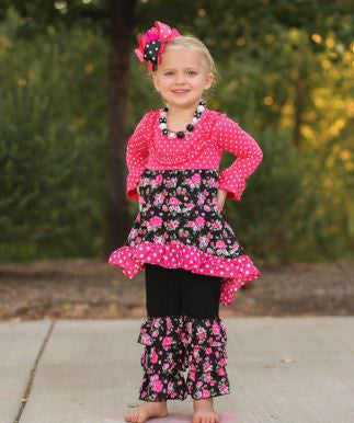 Black Pink Vintage Flower Ruffle Pant Set