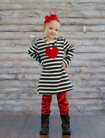 Black Stripe Red Sequin Heart Pant Set