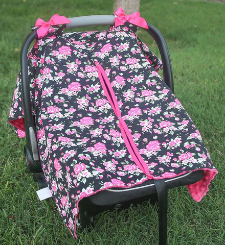 Black Vintage Flower Pink Minky Car Seat Canopy