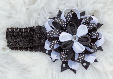 Black White Polka Flower Headband