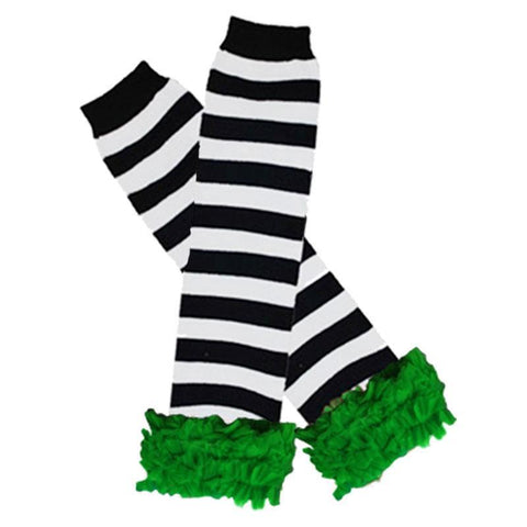 Black White Stripe Leg Warmers Green Ruffle