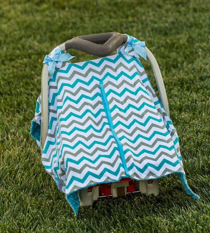 Blue - Gray Chevron Blue Minky Car Seat Canopy