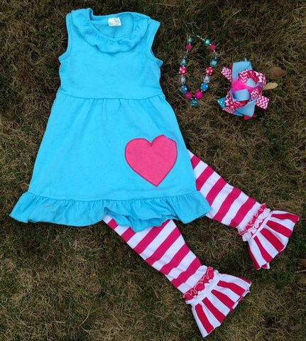 Blue Pink Heart Stripe Capri Set