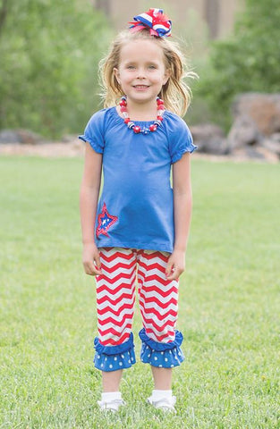 Blue Star Chevron Ruffle Capri Set