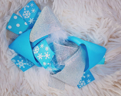 Blue White Snowflake Hair Bow