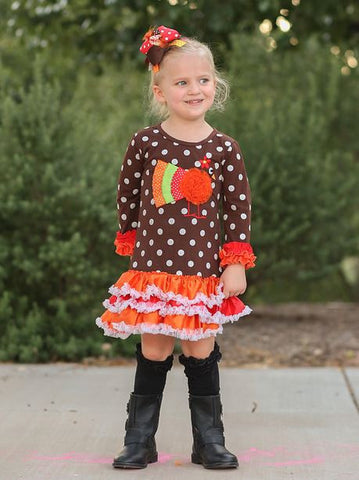 Brown Polka Turkey Ruffle Dress