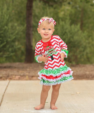 Chevron Ribbon Tree Satin Ruffle Dress