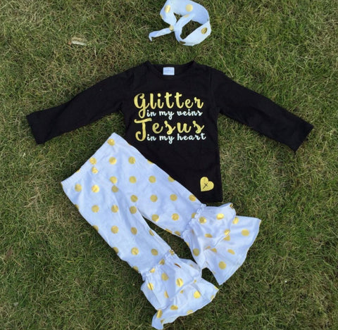 Glitter Black Gold Polka Pants Set