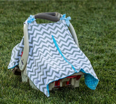 Gray Chevron Blue Minky Car Seat Canopy