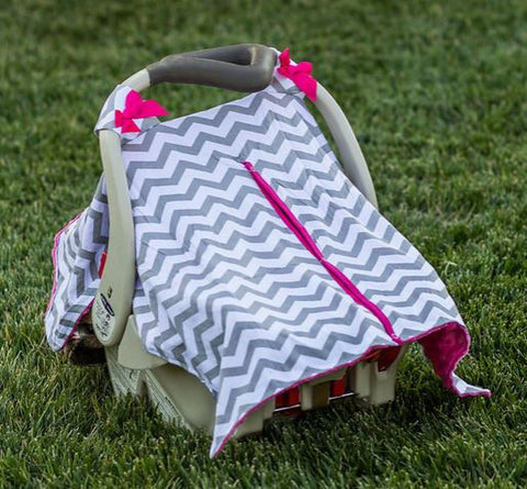 Gray Chevron Pink Minky Car Seat Canopy