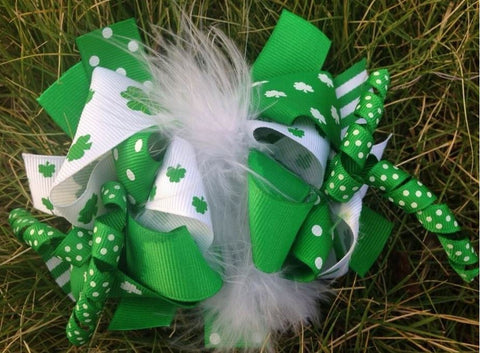 Green Clover Feather Hair Bow