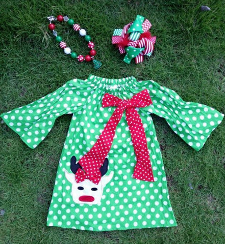 Green Polka Reindeer Dress