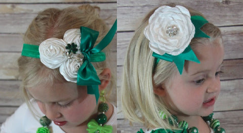 Green - White Flower Rhinestone Boho Headband