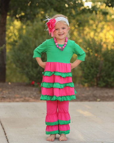 Hot Pink Green Ruffle Pant Set