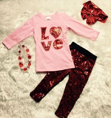 LOVE Sequin Red Pant Set