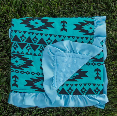 Mint Aztec Blue Minky Blanket