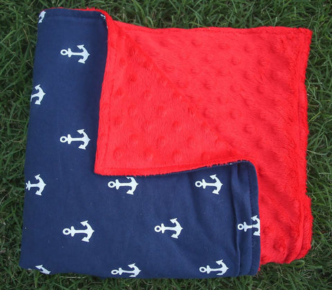 Navy Blue Anchor Red Minky Blanket