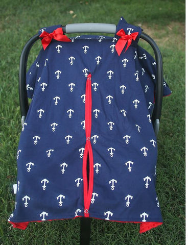 Navy Blue Anchor Red Minky Car Seat Canopy