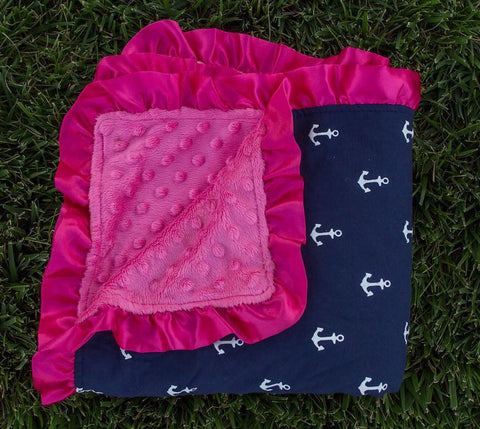 Navy Blue Anchor Ruffle Pink Minky Blanket