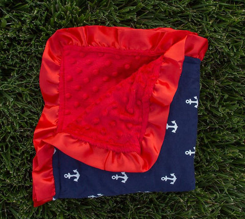 Navy Blue Anchor Ruffle Red Minky Blanket