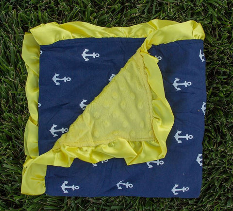 Navy Blue Anchor Ruffle Yellow Minky Blanket