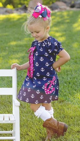 Navy Pink Anchor Polka Dress