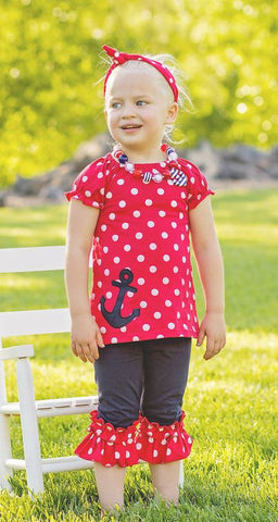 Navy Red Polka Anchor Capri Set