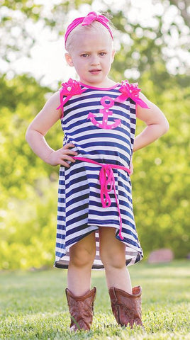 Navy Stripe Hot Pink Polka Anchor Dress