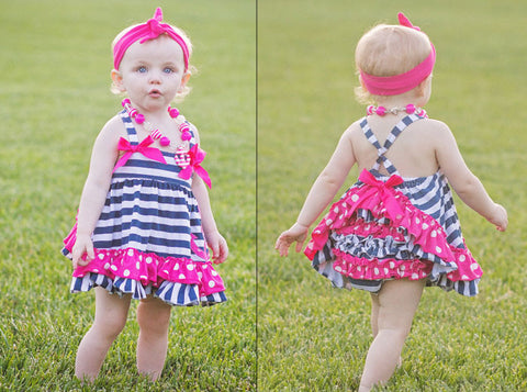 Navy Stripe Hot Pink Polka Anchor Two Piece Dress