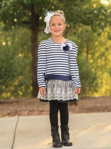 Navy White Stripe Lace Dress