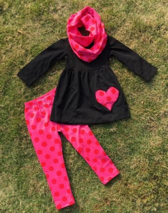 Pink Black Polka Heart Scarf Set