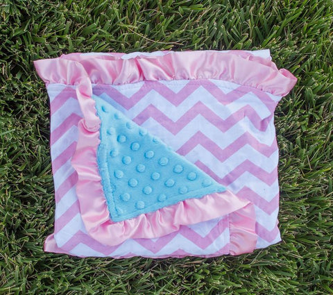 Pink Chevron Blue Minky Blanket