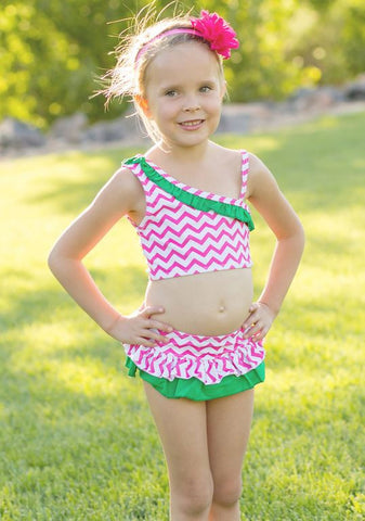 Pink Chevron Green Two Piece Swimsuit