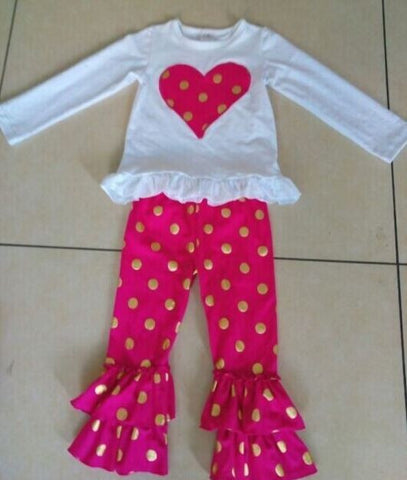 Pink Gold Polka Heart Ruffle Pant Set