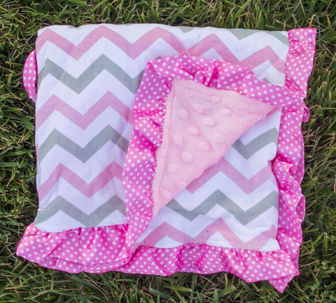 Pink Gray Chevron Dots Pink Minky Blanket