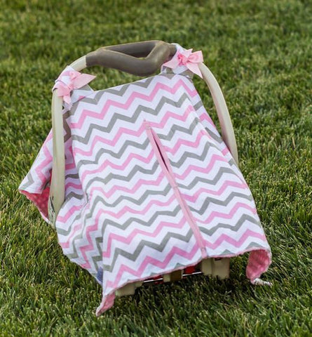 Pink - Gray Chevron Pink Minky Car Seat Canopy