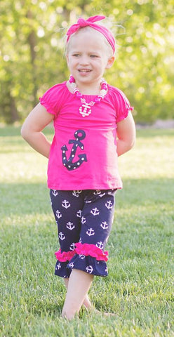 Pink Navy Polka Anchor Capri Set