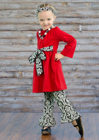 Red Black Damask Bow Pant Set