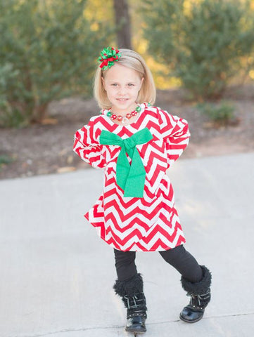 Red Chevron Green Bow Dress