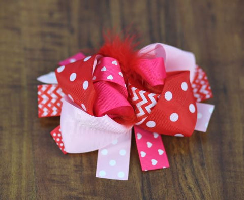 Red Chevron Heart Feather Hair Bow