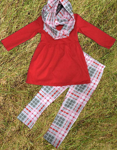 Red Gray Plaid Scarf Set