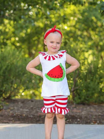 Red Stripe Watermelon Ruffle Shorts Set