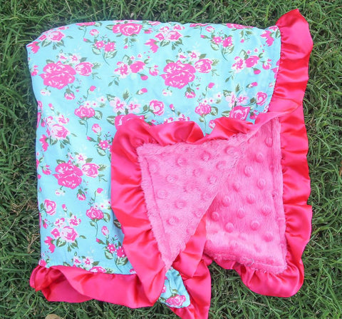 Teal Vintage Flower Hot Pink Minky Blanket