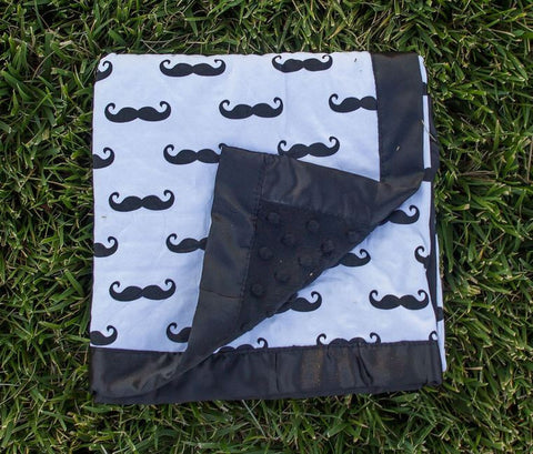 White - Black Mustache Black Minky Blanket